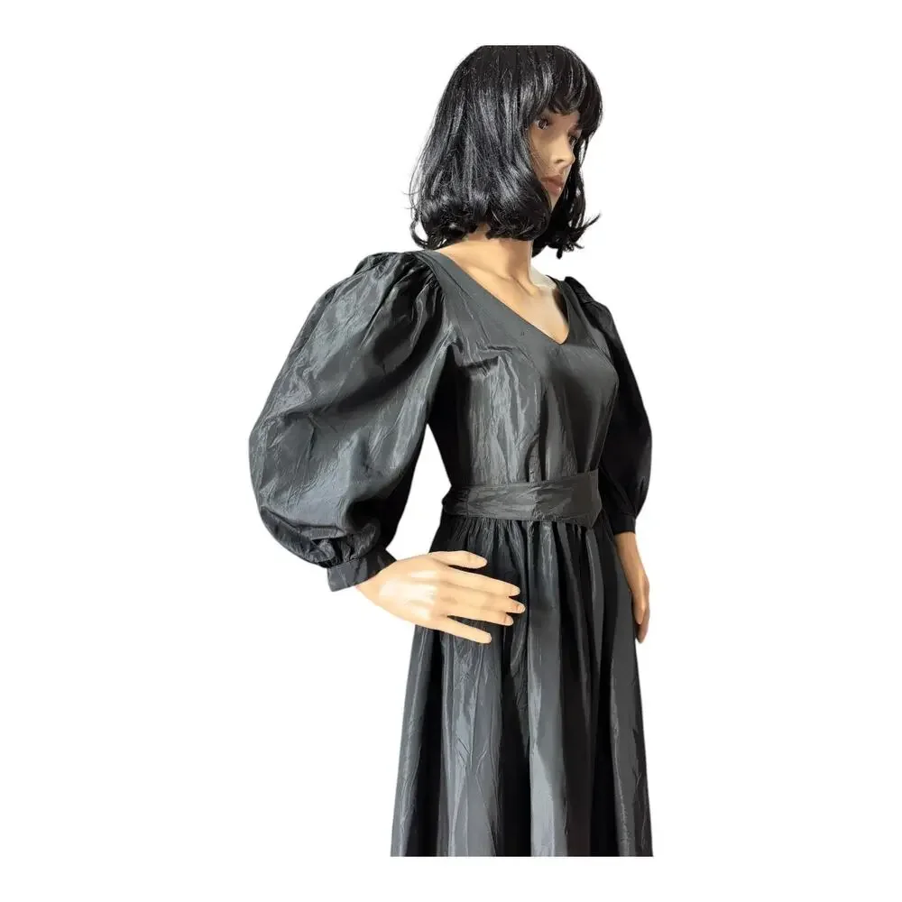 1980s Laura Ashley Black Puff Sleeve Midi Dress Ireland Small